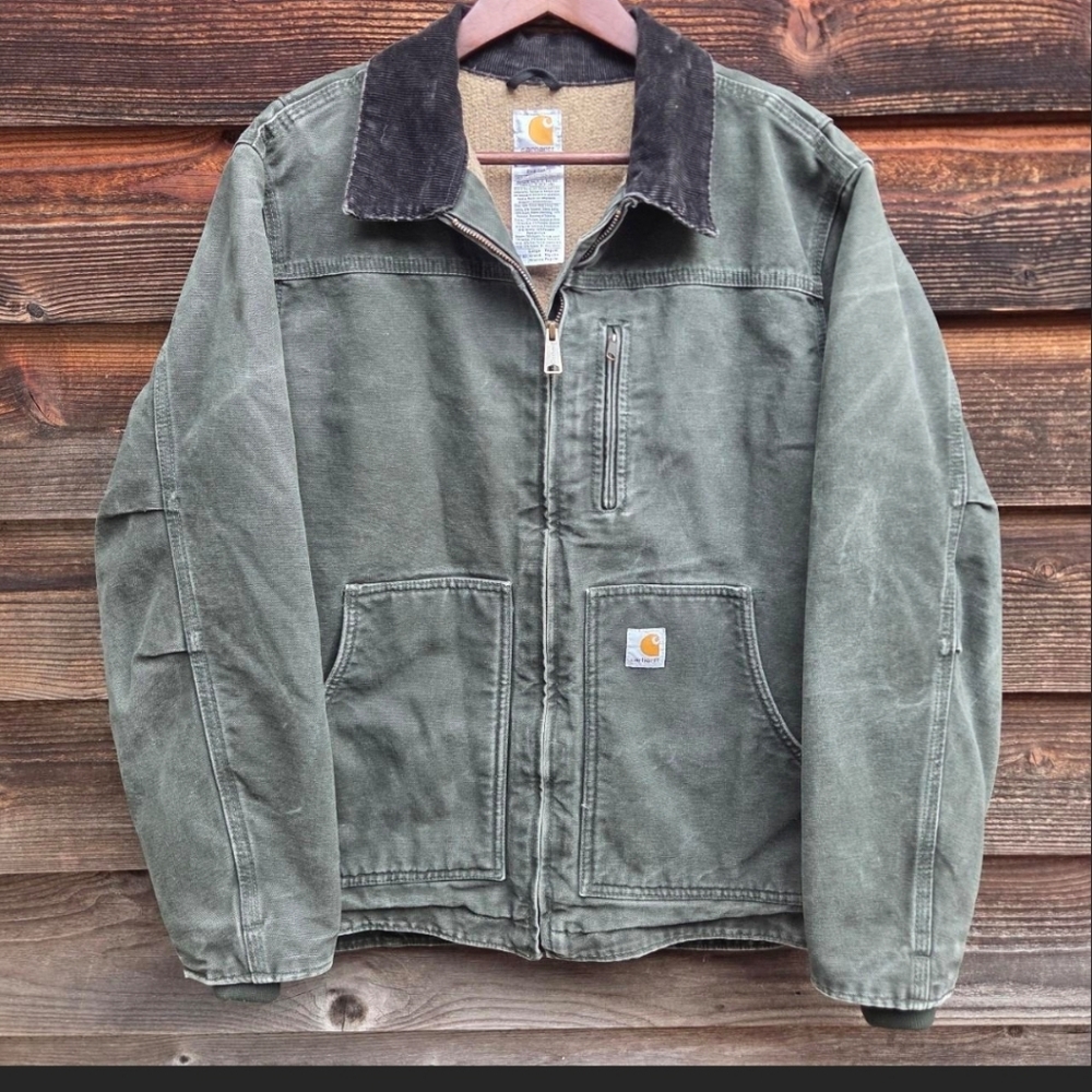 Carhartt Detroit Style Canvas Workwear Jacket Moss Green Color Nice fading Large